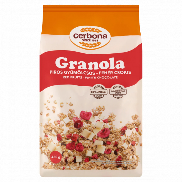 Cerbona piros gyümölcsös-fehér csokis granola 450 g