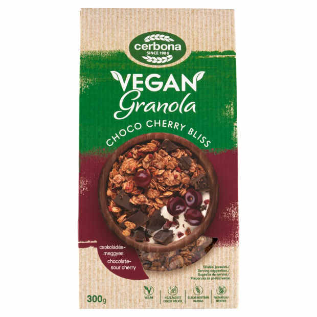 Cerbona Vegan csokoládés-meggyes granola müzli édesítőszerrel 300 g