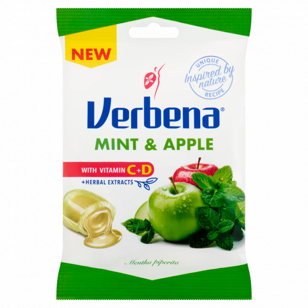 Verbena töltött keménycukorka almával és borsmenta kivonattal, hozzáadott C- és D-vitaminnal 60 g