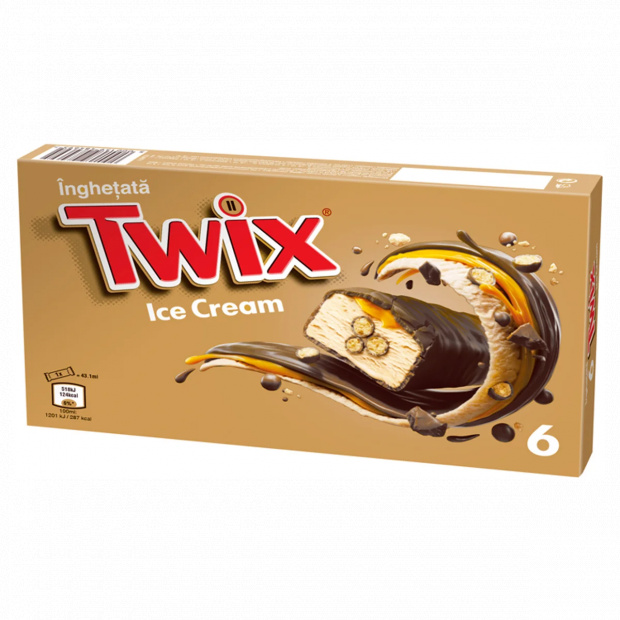 Twix karamellás tejjégkrém szelet keksz darabokkal, kakaós bevonattal 6 x 43,1 ml (258,6 ml)