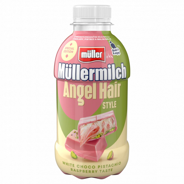 Müller Müllermilch Angel Hair Style fehér csokoládés-pisztáciás-málnás ízesítésű tejital 400 g