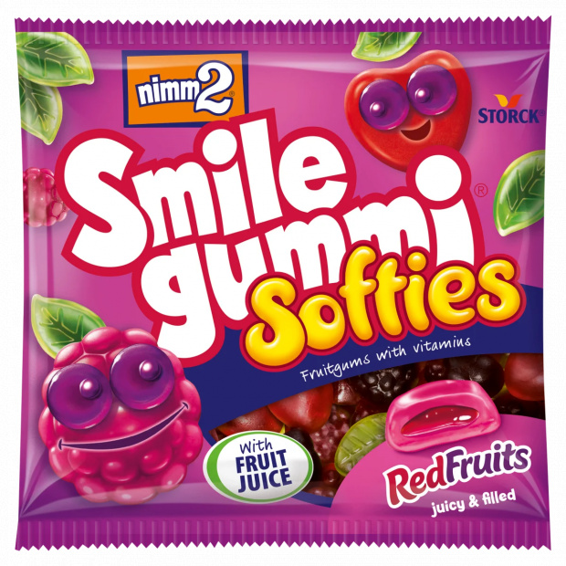 nimm2 Smilegummi Softies Red Fruits puha vegyes gyümölcs ízű töltött gumicukorka vitaminokkal 90 g