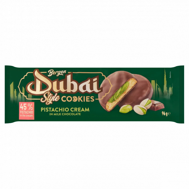 Bergen Dubai Style Cookies pisztáciakrémes keksz tejcsokoládéban 96 g