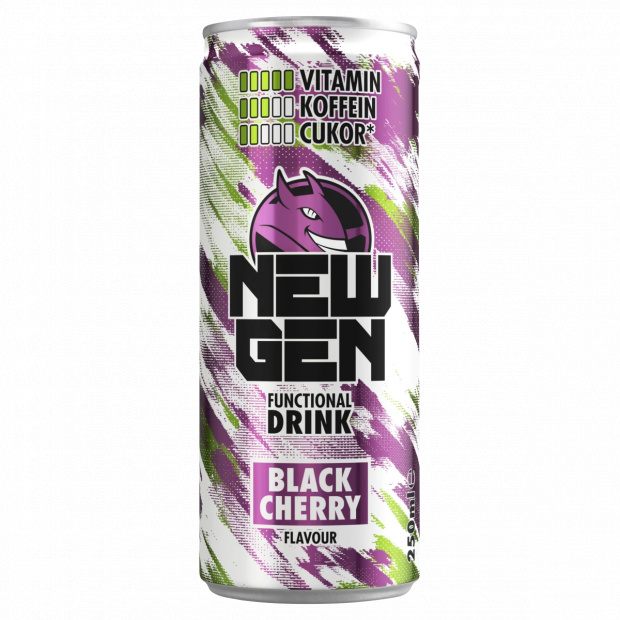 New Gen fekete cseresznye- és tuttifruttiízű, koffeintartalmú, szénsavas, alkoholmentes ital 250 ml