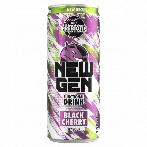 New Gen fekete cseresznye- és tuttifruttiízű, koffeintartalmú, szénsavas, funkcionális ital 250 ml
