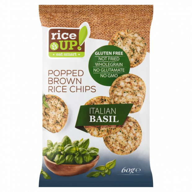 RiceUp! teljes kiőrlésű barna rizschips bazsalikommal 60 g RiceUp! teljes kiőrlésű barna rizschips bazsalikommal 60 g