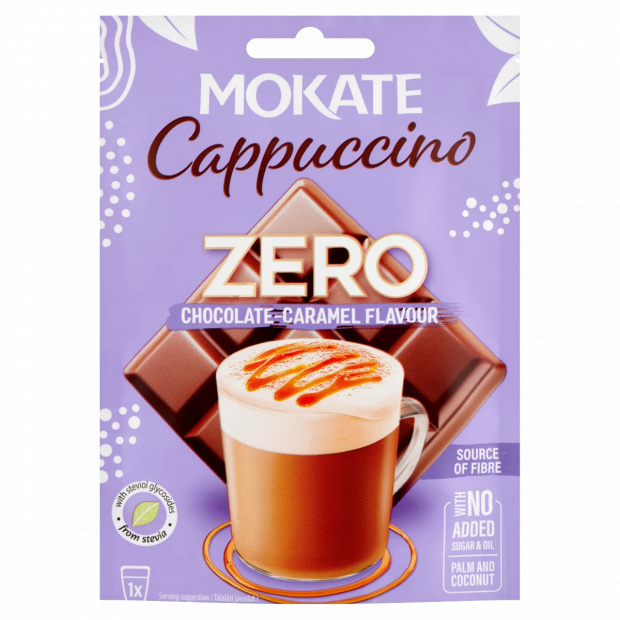 Mokate Cappuccino Zero csokoládé és karamell ízesítésű instant kávéitalpor 20 g Mokate Cappuccino Zero csokoládé és karamell ízesítésű instant kávéitalpor 20 g