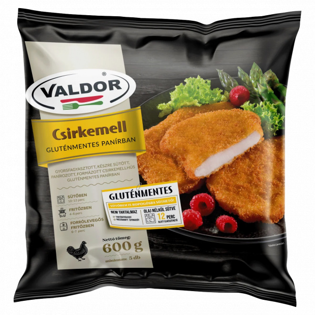 Valdor gyorsfagyasztott, készre sütött csirkemell gluténmentes panírban 600 g Valdor gyorsfagyasztott, készre sütött csirkemell gluténmentes panírban 600 g