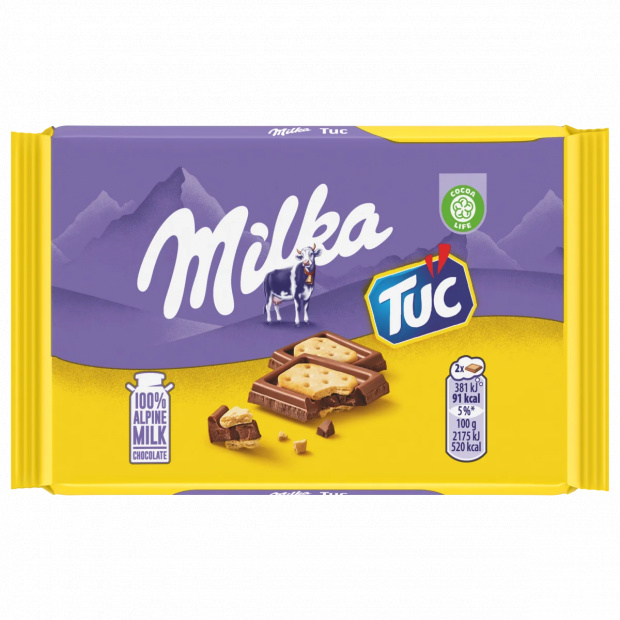 Milka Tuc alpesi tej felhasználásával készült tejcsokoládé sós krékerrel 35 g