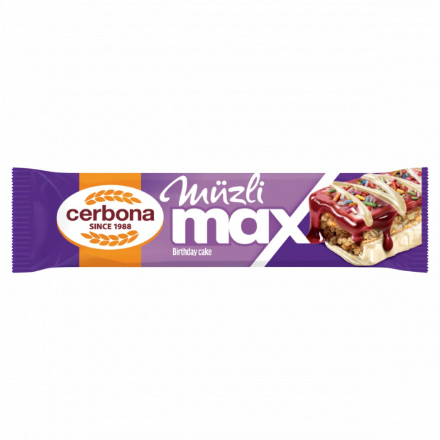 Cerbona Müzli Max Birthday Cake szülinapi torta ízű müzliszelet 30 g