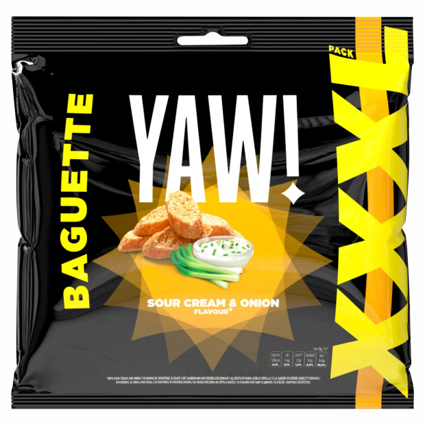 Yaw! Baguette extrudált tejfölös-hagymás ízesítésű búza snack 120 g Yaw! Baguette extrudált tejfölös-hagymás ízesítésű búza snack 120 g