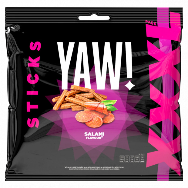 Yaw! Sticks extrudált salami ízesítésű búza snack 120 g Yaw! Sticks extrudált salami ízesítésű búza snack 120 g