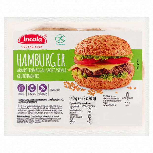 Incola gluténmentes, arany lenmaggal szórt hamburger zsemle 2 x 70 g (140 g)