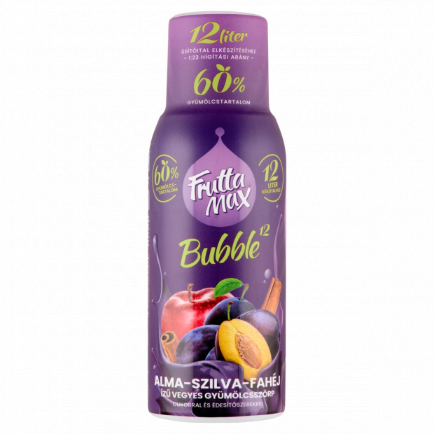 FruttaMax Bubble¹² alma-szilva-fahéj ízű vegyes gyümölcsszörp cukorral és édesítőszerekkel 500 ml FruttaMax Bubble¹² alma-szilva-fahéj ízű vegyes gyümölcsszörp cukorral és édesítőszerekkel 500 ml