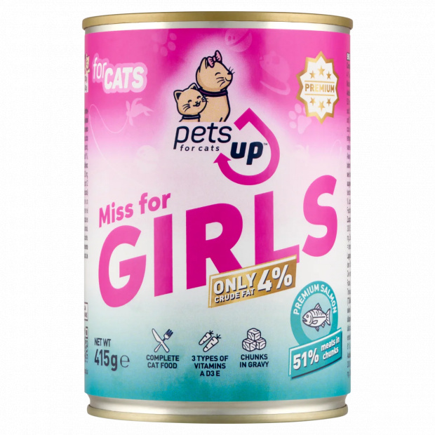 PetsUp Miss for Girls teljes értékű nedves állateledel felnőtt macskáknak lazaccal, szószban 415 g PetsUp Miss for Girls teljes értékű nedves állateledel felnőtt macskáknak lazaccal, szószban 415 g