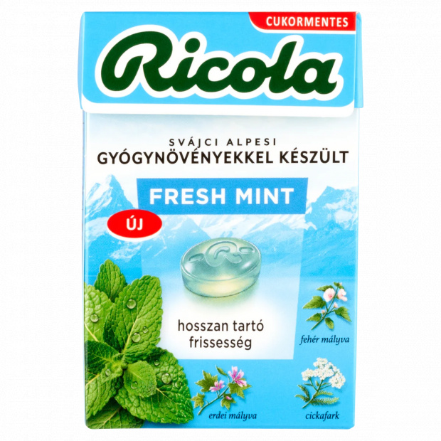 Ricola Fresh Mint cukormentes svájci gyógynövény cukorkák édesítőszerekkel 40 g Ricola Fresh Mint cukormentes svájci gyógynövény cukorkák édesítőszerekkel 40 g