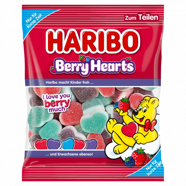 Haribo Berry Hearts gyümölcsízű kandírozott gumicukorka habosított gumicukorka réteggel 160 g