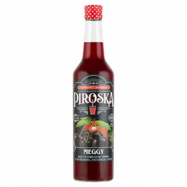 Piroska meggy ízű gyümölcsszörp cukorral és édesítőszerekkel, feketerépalével színezve 0,7 l