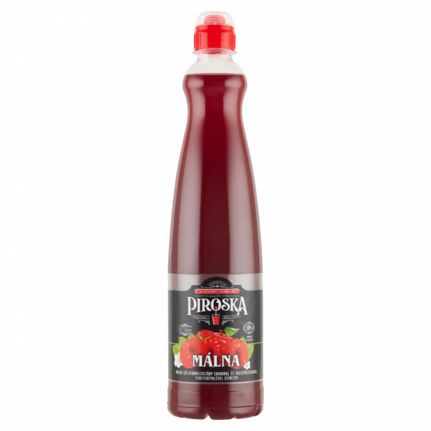 Piroska málna ízű gyümölcsszörp feketerépalével színezve, cukorral és édesítőszerekkel 0,7 l