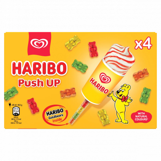 Algida Haribo Push Up vanília ízű jégkrém epres szósszal és gyümölcs ízű gumicukor-mackókkal 340 ml