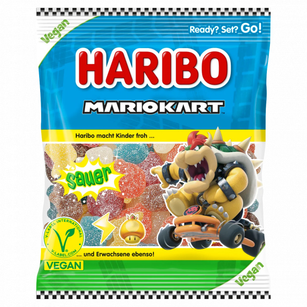 Haribo Mariokart savanyú, gyümölcsízű kandírozott gumicukorka, részben kóla ízesítéssel 160 g