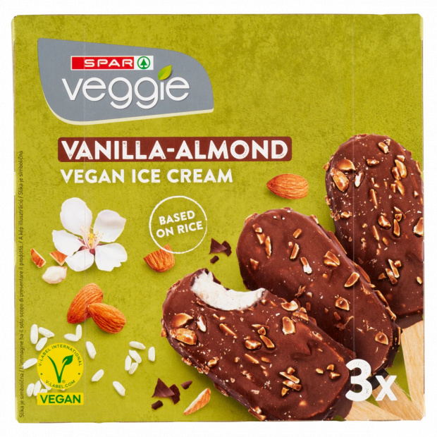 Spar Veggie vegán vanília ízű fagylalt csokoládé bevonattal és manduladarabokkal 3 x 90 ml (270 ml)
