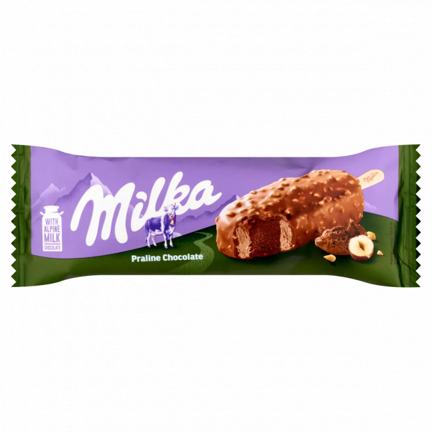 Milka mogyorós jégkrém közepén tejcsokoládés-mogyorós szósszal, tejcsokoládéval bevonva 90 ml