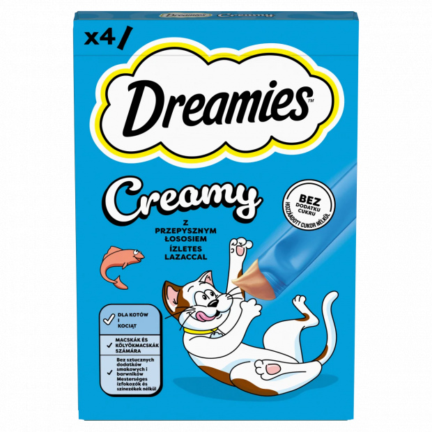  Dreamies Creamy kiegészítő macskaeledel lazaccal macskák és kölyökmacskák számára 4 x 10 g (40 g)