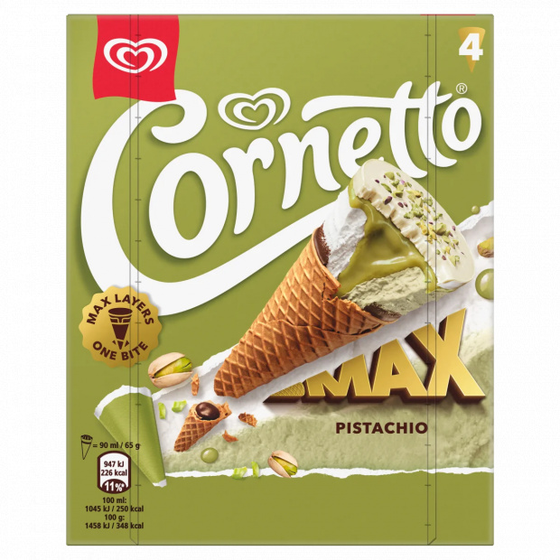 Cornetto Max pisztácia ízű jégkrém 4 x 360 ml Cornetto Max pisztácia ízű jégkrém 4 x 360 ml