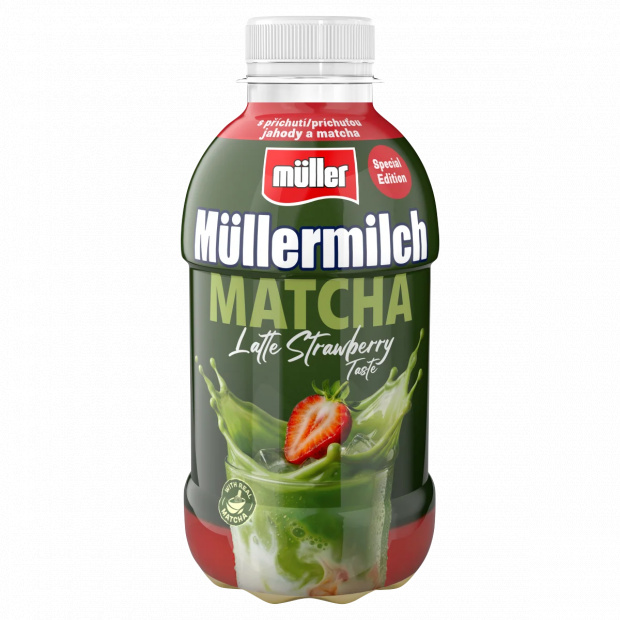 Müller Müllermilch zsírszegény tejital matcha-tea porral és eper ízzel 400 g