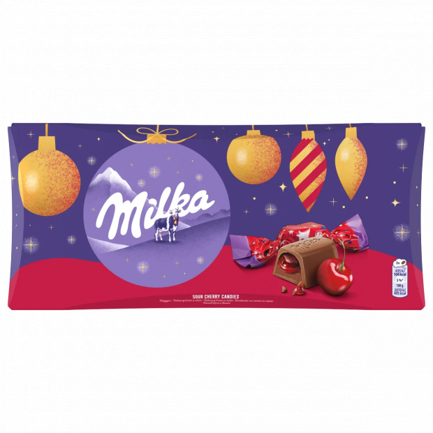 Milka alpesi tej felhasználásával készült tejcsokoládé szaloncukor meggyízű 255 g