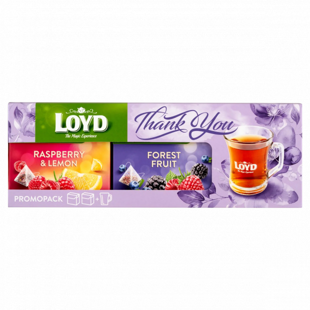 Loyd Thank You erdei gyümölcs ízű tea és málna és citrom ízű gyümölcstea 80 g + pohár
