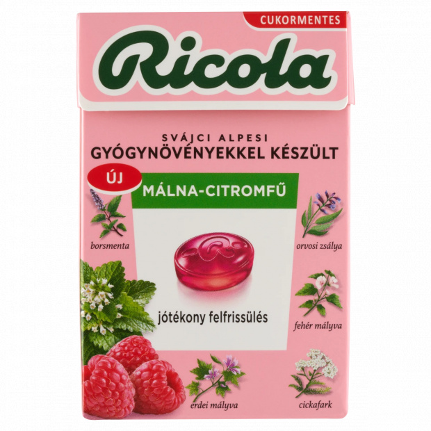 Ricola Málna-Citromfű svájci gyógynövény cukorkák cukormentes, édesítőszerekkel 40 g
