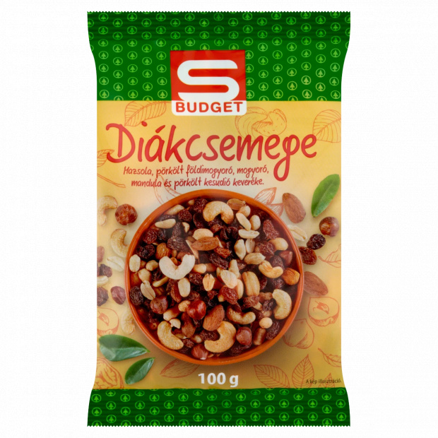 S-Budget Diákcsemege mazsola, földimogyoró, mogyoró, mandula és kesudió keveréke 100 g S-Budget Diákcsemege mazsola, földimogyoró, mogyoró, mandula és kesudió keveréke 100 g
