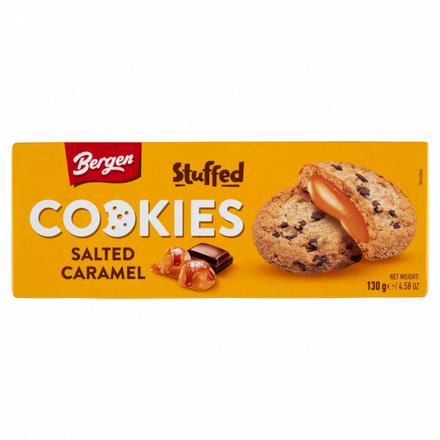 Bergen sós karamellel töltött tejcsokoládé darabos keksz 130 g 