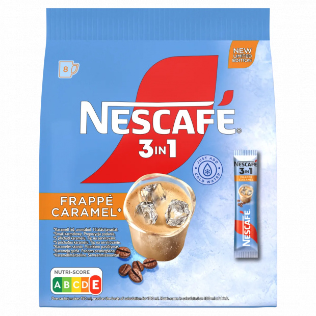 Nescafé 3in1 Frappé Caramel karamell ízű azonnal oldódó kávéspecialitás 8 x 15 g (120 g)