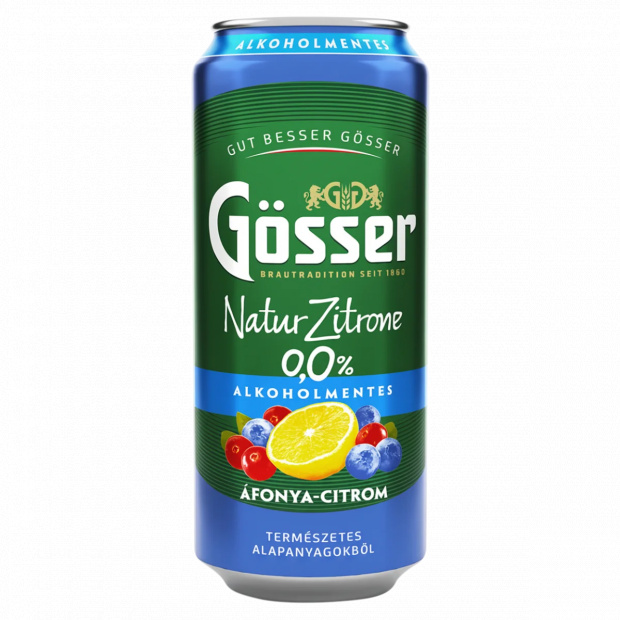 Gösser Natur Zitrone áfonya-citrom ízű alkoholmentes sörital 0,0% 500 ml Gösser Natur Zitrone áfonya-citrom ízű alkoholmentes sörital 0,0% 500 ml