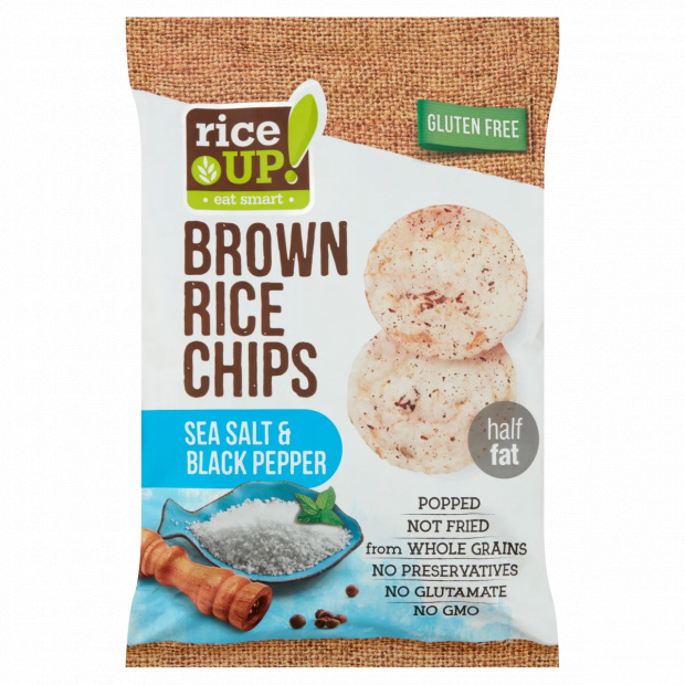 RiceUp! teljes kiőrlésű barna rizs chips tengeri sóval és fekete borssal 60 g RiceUp! teljes kiőrlésű barna rizs chips tengeri sóval és fekete borssal 60 g