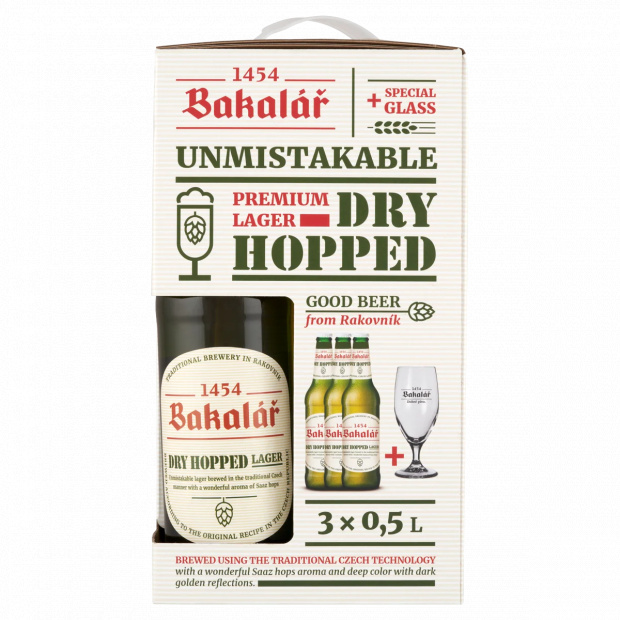 Bakalář Dry Hopped világos cseh sör 5,2% 3 x 0,5 l + 1 db 0,33 l-es pohár