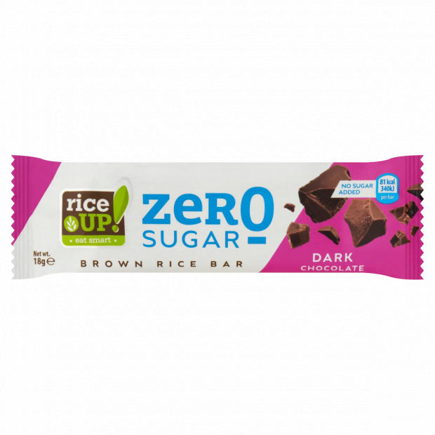 RiceUp! Zero Sugar puffasztott teljes kiőrlésű barna rizsszelet étcsokoládéval 18 g RiceUp! Zero Sugar puffasztott teljes kiőrlésű barna rizsszelet étcsokoládéval 18 g