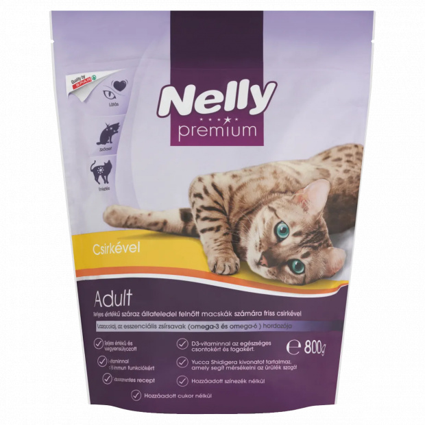 Nelly Premium teljes értékű száraz állateledel felnőtt macskák számára friss csirkével 800 g 