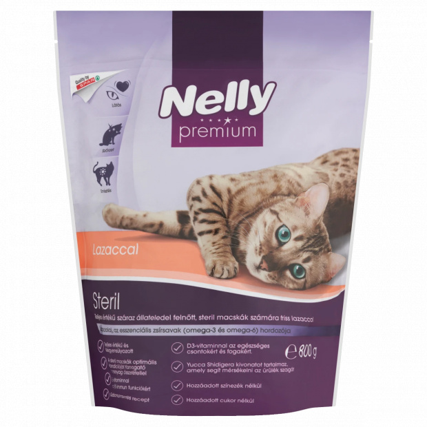Nelly Premium teljes értékű száraz állateledel felnőtt, steril macskák számára friss lazaccal 800 g