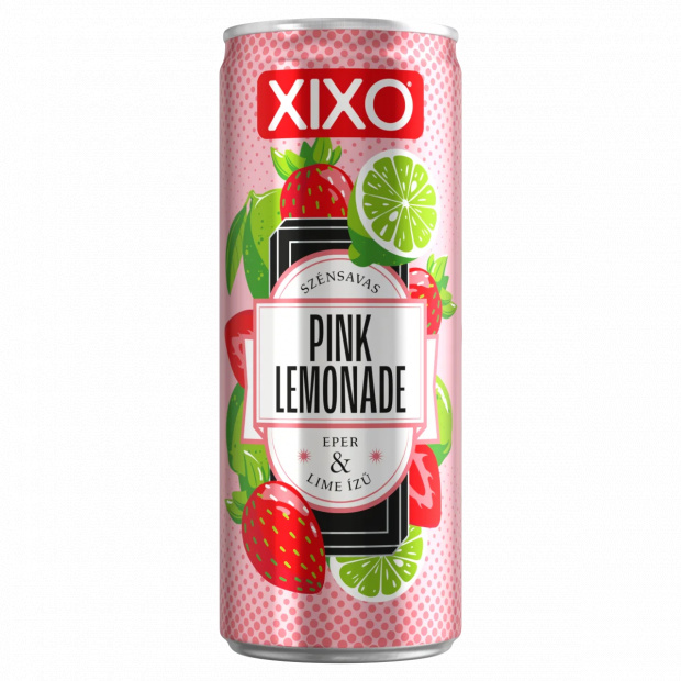 XIXO Pink Lemonade eper- és limeízű, szénsavas üdítőital cukorral és édesítőszerrel 250 ml