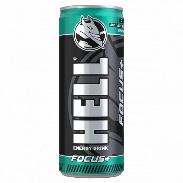 HELL Focus+ mangó-, narancs- és tuttifruttiízű, koffeintartalmú, szénsavas alkoholmentes ital 250 ml