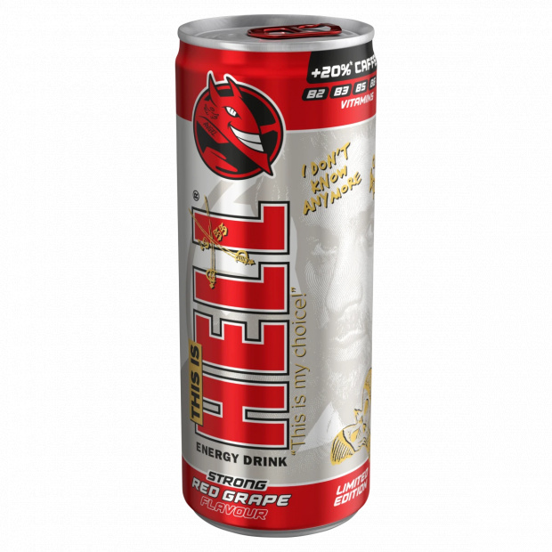 HELL Strong piros szőlő- és tuttifruttiízű, koffeintartalmú, szénsavas energiaital 250 ml