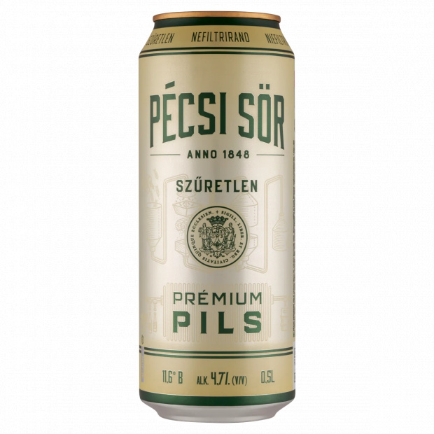 Pécsi Sör Prémium Pils szűretlen minőségi világos sör 4,7% 0,5 l