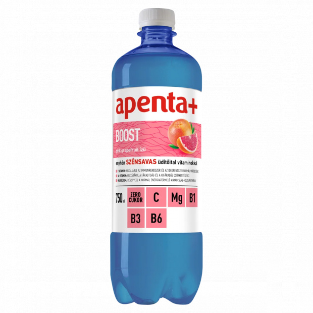 Apenta+ Boost pink grapefruit ízű, enyhén szénsavas, energiamentes üdítőital édesítőszerekkel 750 ml