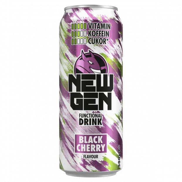 New Gen fekete cseresznye- és tuttifruttiízű, koffeintartalmú, szénsavas, alkoholmentes ital 500 ml