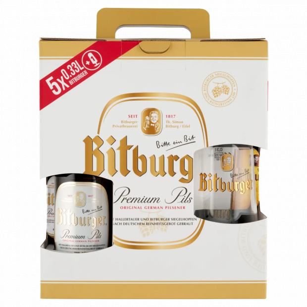 Bitburger világos német sör 4,8% 5 x 0,33 l + 1 db 0,3 l-es márkázott pohár