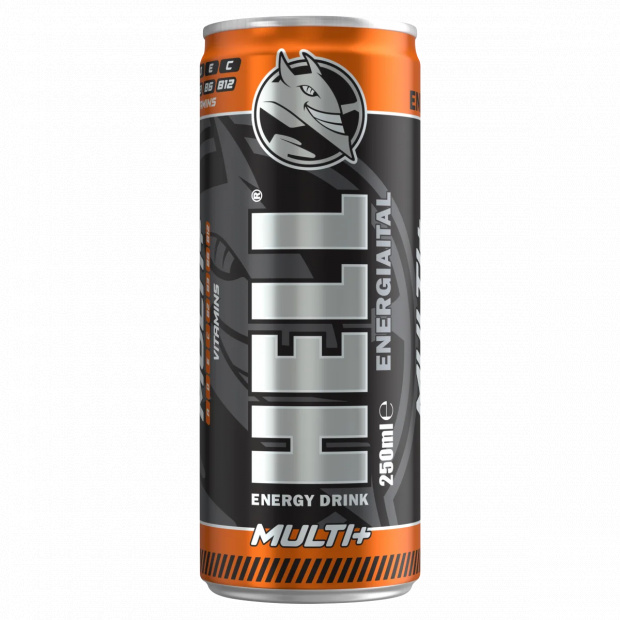 Hell Multi+ vegyes gyümölcsízű, koffeintartalmú, szénsavas energiaital 250 ml Hell Multi+ vegyes gyümölcsízű, koffeintartalmú, szénsavas energiaital 250 ml